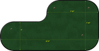 Green golf putting mat with measurements on a white background
