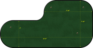 Green golf putting mat with measurements on a white background
