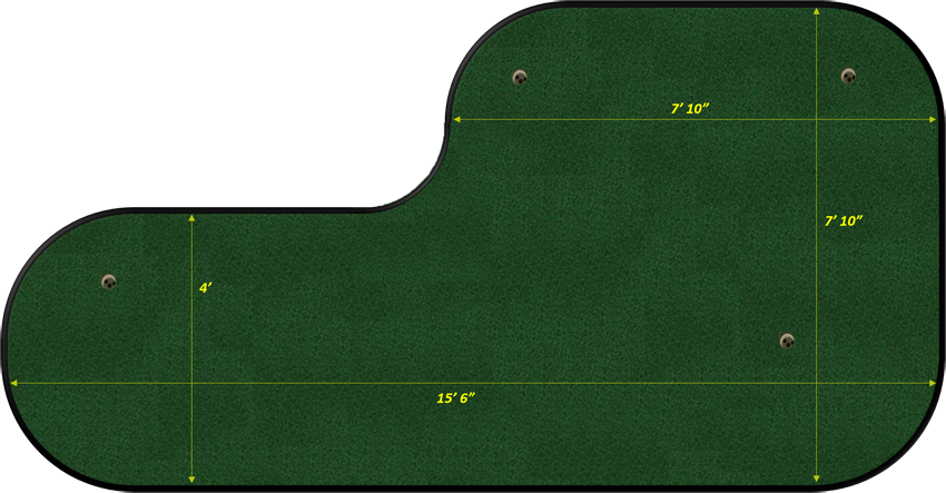 Green golf putting mat with measurements on a white background