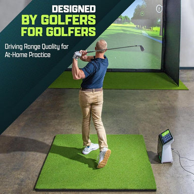 Man practicing golf swings on a simulator with text 'Designed by Golfers for Golfers' and 'Driving Range Quality for At-Home Practice'.