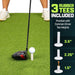 Golf club and ball on a green surface with included rubber tees and height measurements displayed.