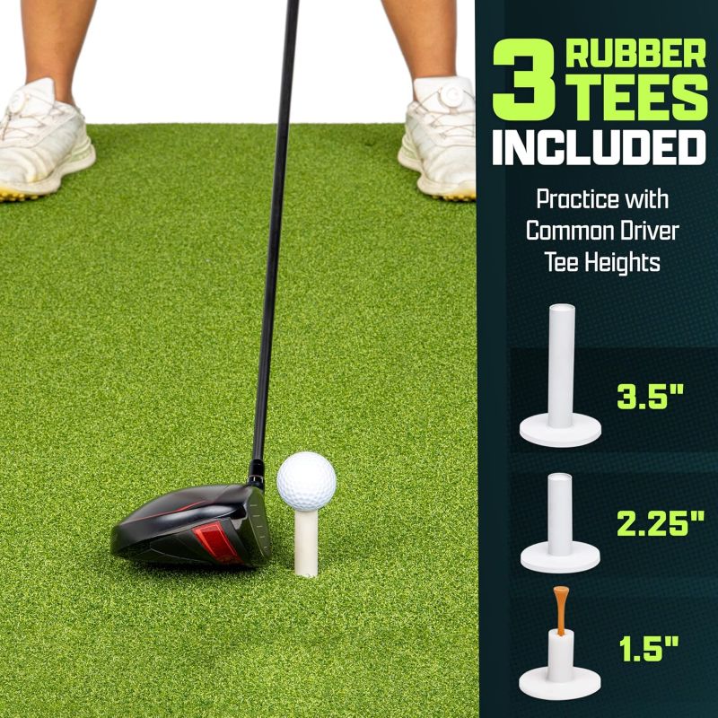 Golf club and ball on a green surface with included rubber tees and height measurements displayed.