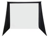 White portable projector screen with black stands on a white background
