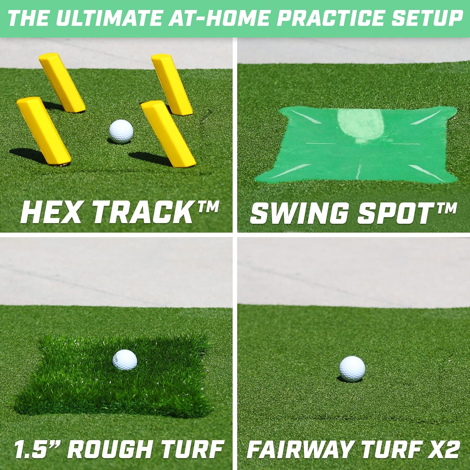 GoSports 5 ftx4 ft PRO Golf Practice Hitting Mat setup with Hex Track, Swing Spot, Rough Turf, and Fairway Turf on a green grass background.