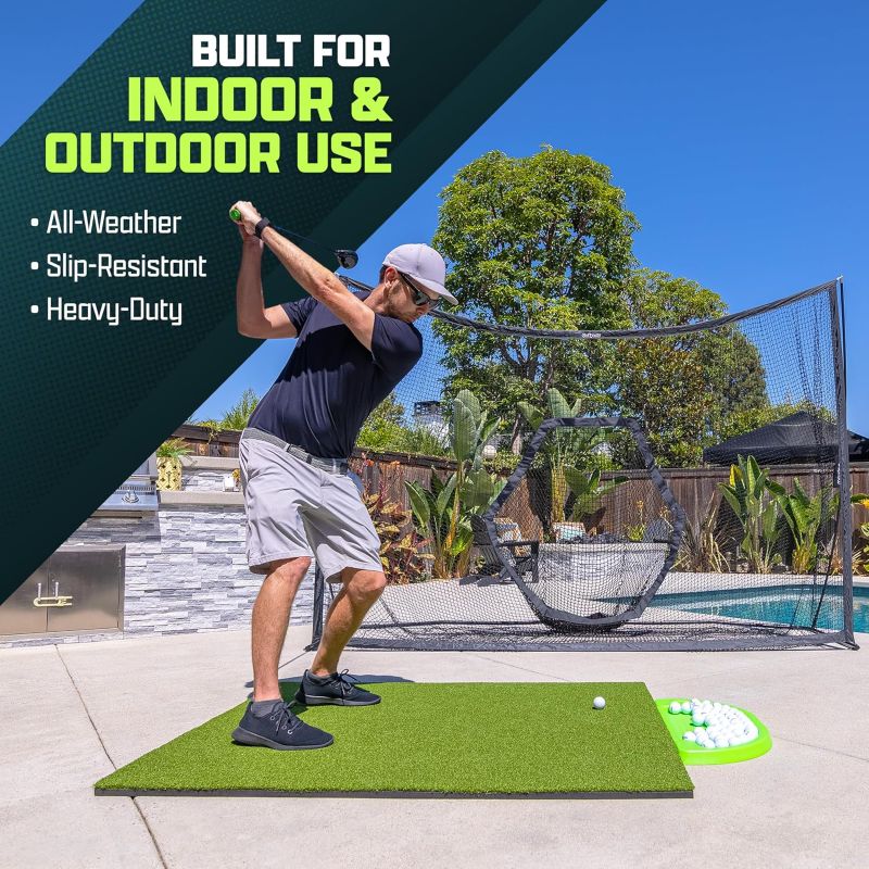 GoSports Elite Golf Hitting 15mm 5'x5' Matoutdoor photo highlighting all-weather, slip resistant and heavy-duty material