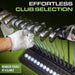 GoSports Golf Club Display with a hand wearing a glove on a green background, promoting effortless club selection.