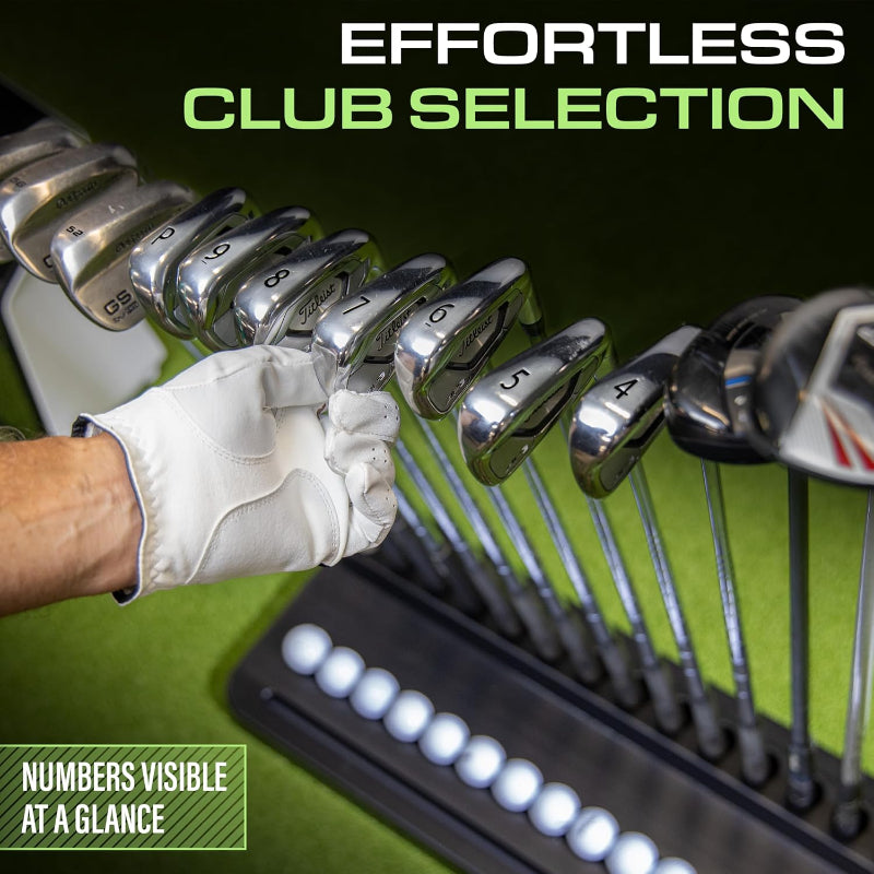 GoSports Golf Club Display with a hand wearing a glove on a green background, promoting effortless club selection.
