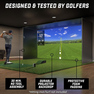 Golf simulator setup with a player swinging a club, featuring text about design and testing by golfers highlighting fast assembly, durable backdrop and foam padding.