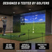Golf simulator setup with a player swinging a club, featuring text about design and testing by golfers highlighting fast assembly, durable backdrop and foam padding.