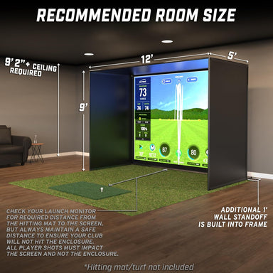 Room size recommendation for GoSports Golf Simulator Enclosure Net - 12x9 ft Complete Set with Frame and HD Impact Screen Kit shown in room