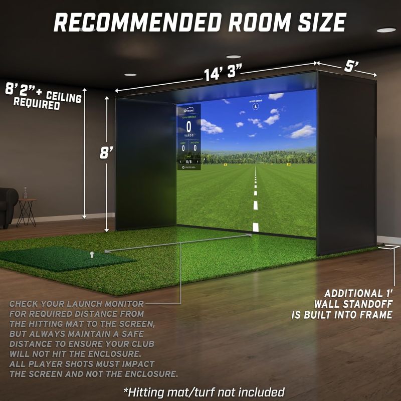 GoSports Golf Simulator Enclosure Nets - 14 x 8 ft Complete Set with Frame and HD Impact Screen Kit with recommended room size and dimensions
