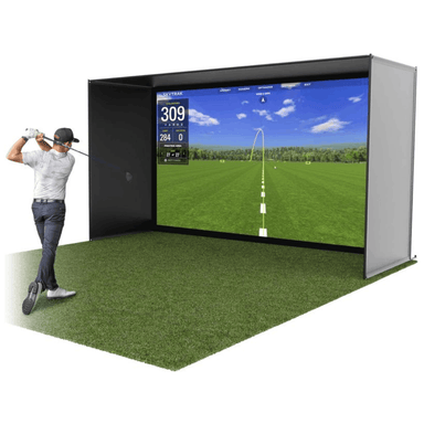 GoSports Golf Simulator Enclosure Nets - 14 x 8 ft Complete Set with Frame and HD Impact Screen Kit on white background
