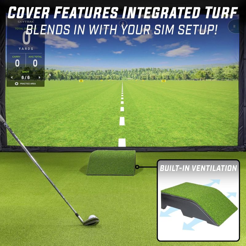 GoSports Golf Simulator Projector Cover - Floor Mounted Enclosure for LED Projectors shown on sim turf