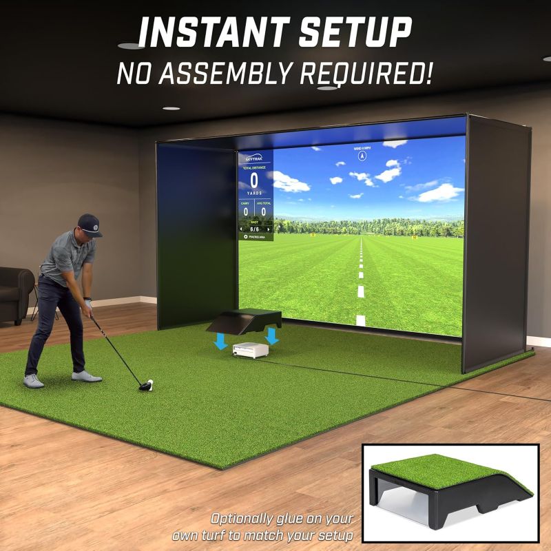 GoSports Golf Simulator Projector Cover - Floor Mounted Enclosure shown in golf simulator room