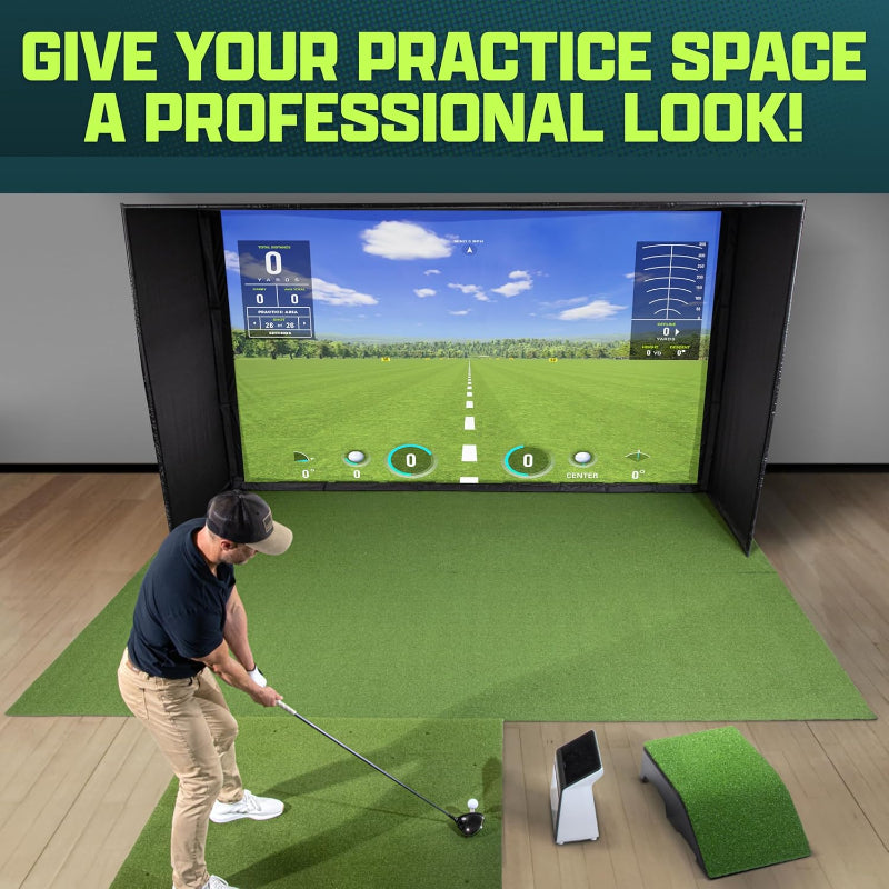 Person using a golf simulator in a home setting with over top view of GoSports Golf Simulator Turf - 15 mm Elite Golf Mat for Indoor Home Setups - 10x6'

