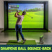 Person playing golf simulation game in a room with GoSports Golf Simulator Turf - 15 mm Elite Golf Mat 
