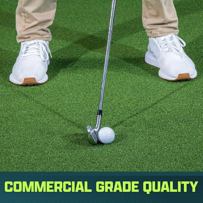 Golf club and ball on GoPlay turf with 'Commercial Grade Quality' text.
