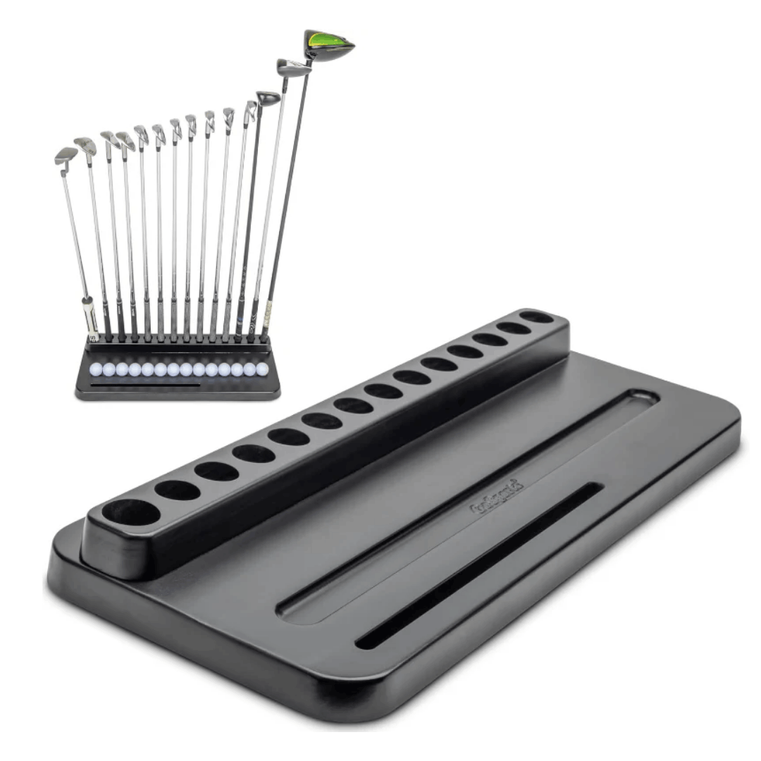 GoSports Premium Wood Golf Club Holder Stand - 14 Club Display Organizer with Ball Storage and Phone/Tablet Slot for Golf Simulators on  white background
