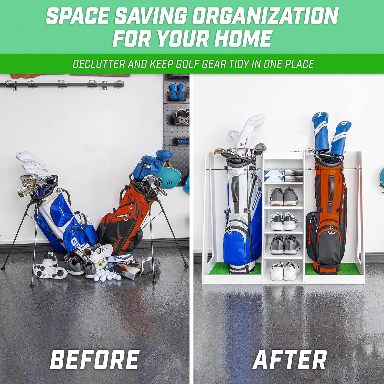 GoSports Premium Wooden Golf Bag Organizer and Storage (2 bag) - White with features before and after use