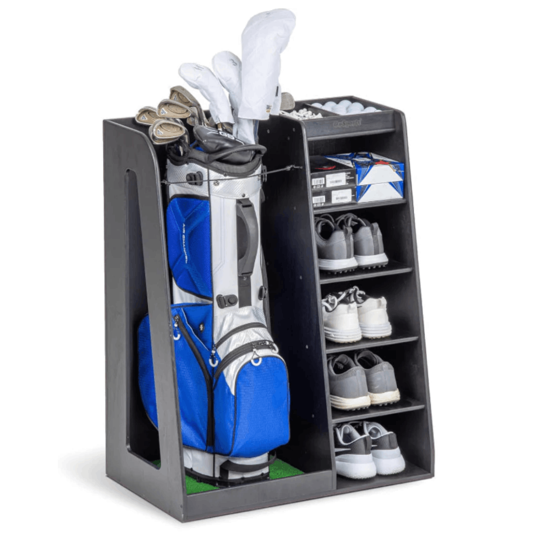 GoSports Premium Wooden Golf Bag Organizer and Storage Rack - Black on white background
