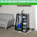 GoSports Premium Wooden Golf Bag Organizer and Storage Rack - Black
with dimensions labeled in a room setting.
