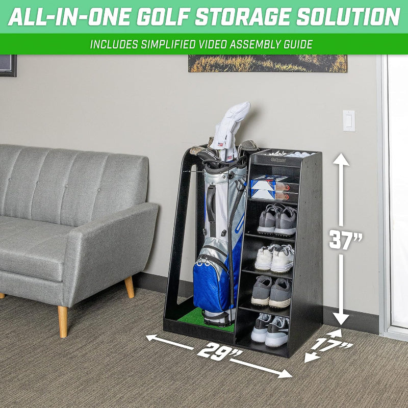 GoSports Premium Wooden Golf Bag Organizer and Storage Rack - Black
with dimensions labeled in a room setting.