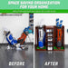 Before and after comparison of golf gear organization with GoSports Premium Wooden Golf Bag Organizer and Storage Rack - Brown Finish
