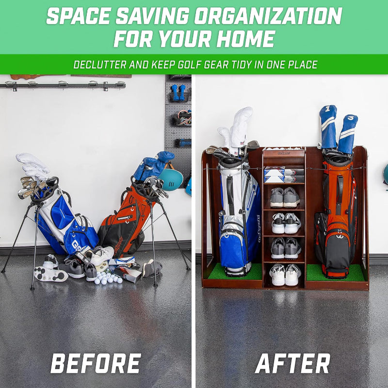 Before and after comparison of golf gear organization with GoSports Premium Wooden Golf Bag Organizer and Storage Rack - Brown Finish
