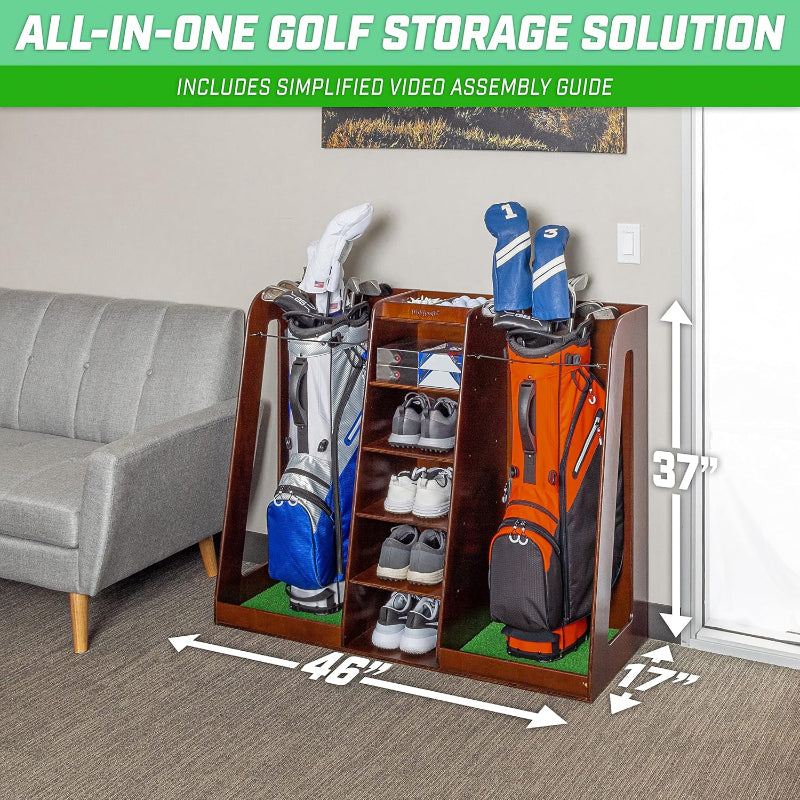 GoSports Premium Wooden Golf Bag Organizer and Storage Rack - Brown Finish in a room setting.