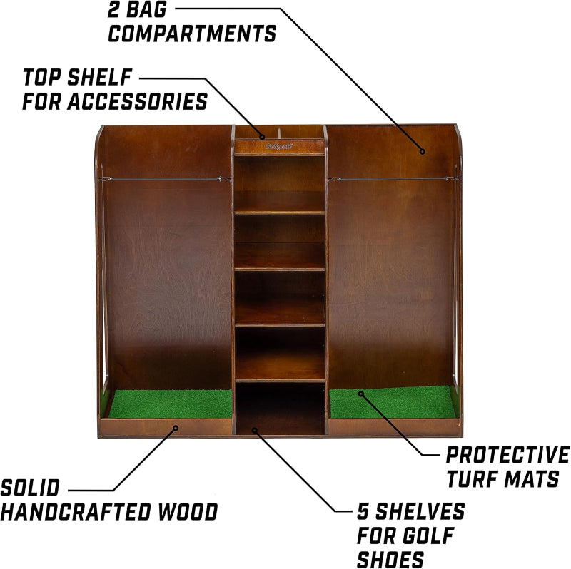 GoSports Premium Wooden Golf Bag Organizer and Storage Rack - Brown Finish with listed features on white background
