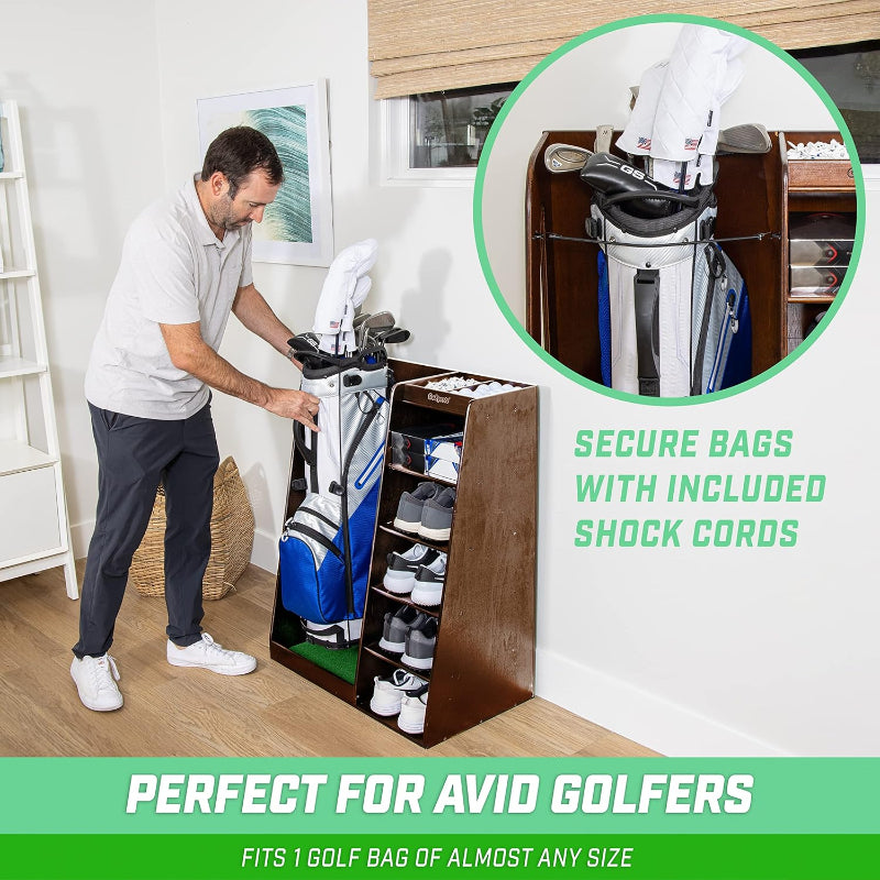 Man organizing golf bags withGoSports Premium Wooden Golf Bag Organizer and Storage Rack - Brown Finish
