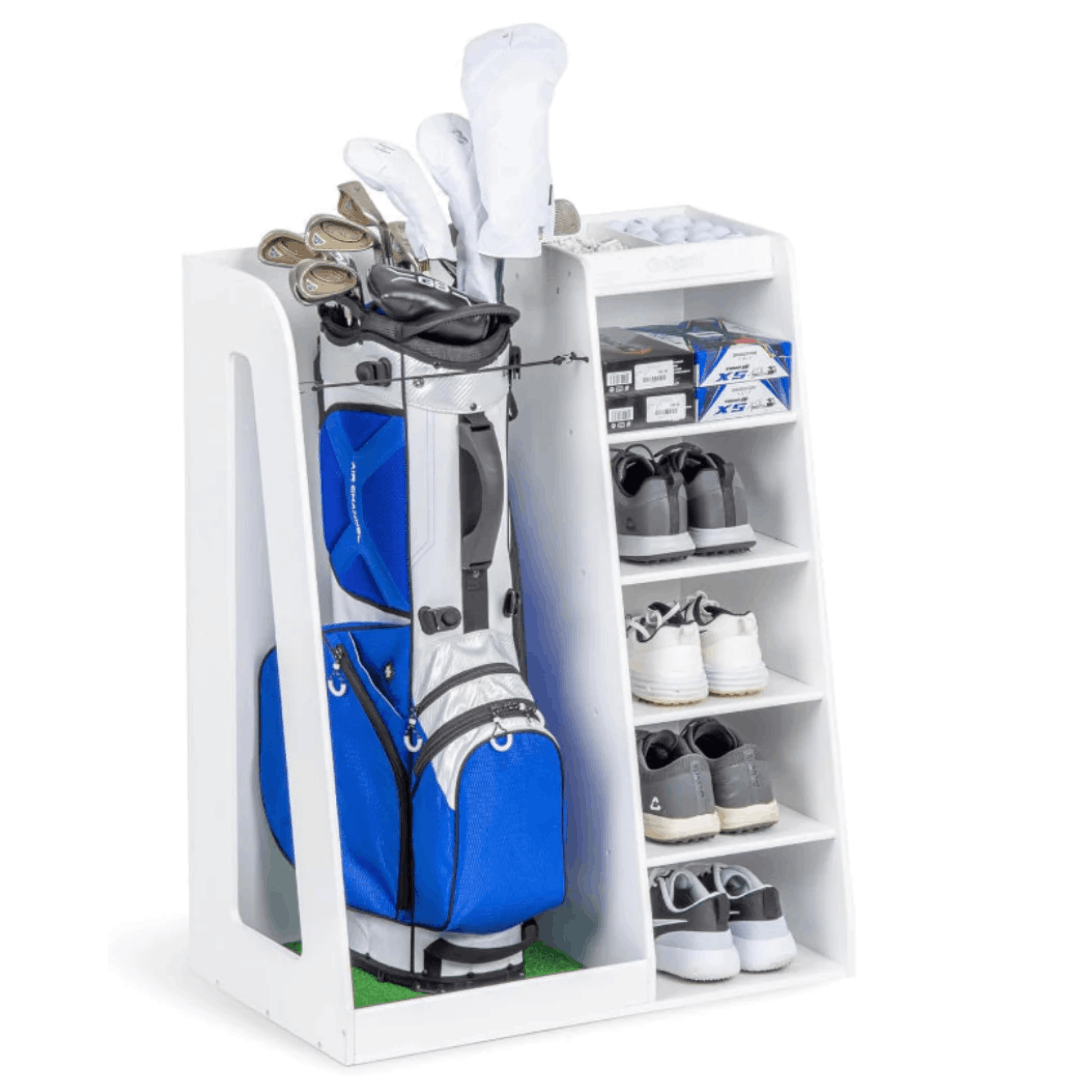 GoSports Premium Wooden Golf Bag Organizer and Storage Rack front view in white
