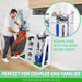 Man organizing golf bags with GoSports Premium Wooden Golf Bag Organizer and Storage Rack (2 bag) - White
with text highlighting features