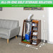 GoSports Premium Wooden Golf Bag Organizer with dimensions labeled in a room setting.