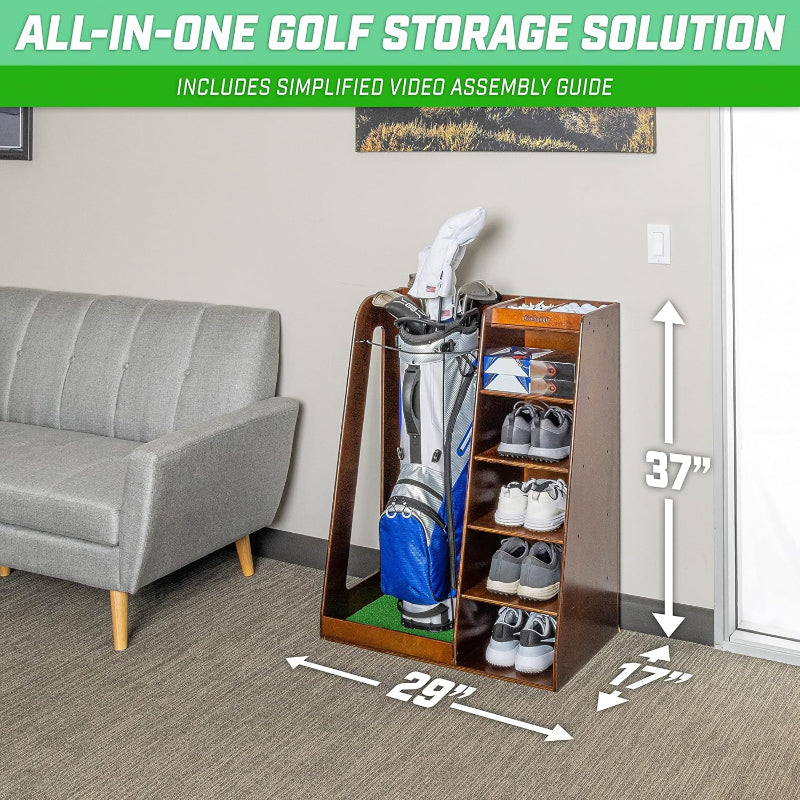 GoSports Premium Wooden Golf Bag Organizer with dimensions labeled in a room setting.