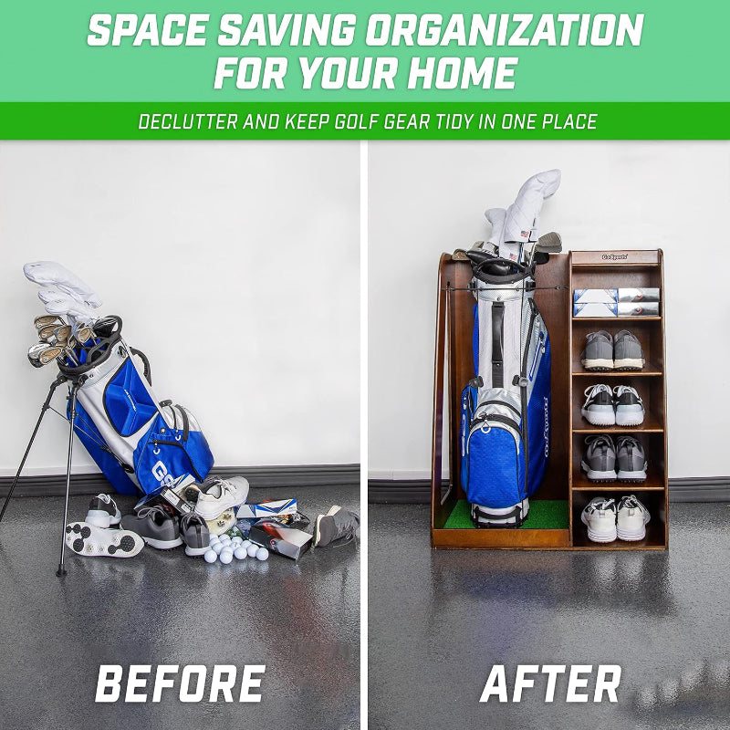 Before and after comparison of golf gear organization with GoSports Premium Wooden Golf Bag Organizer and Storage Rack - Brown Finish
