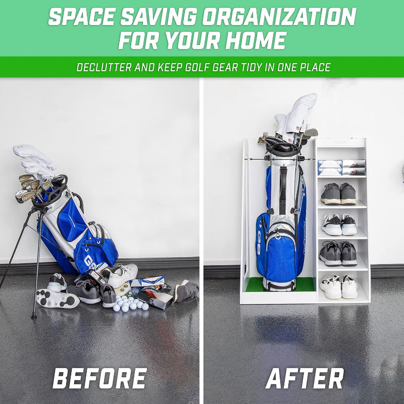 Before and after comparison of golf gear organization with GoSports Premium Wooden Golf Bag Organizer and Storage Rack 
