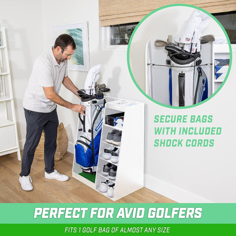 Man usingGoSports Premium Wooden Golf Bag Organizer and Storage Rack with features
