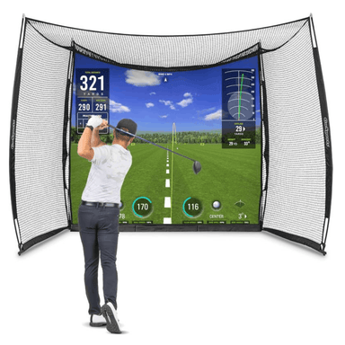 GoSports Range Cage 10 x 8 ft Golf Practice Hitting Net - Blank Simulator Screen on white background