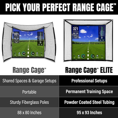 Comparison chart of GoSports Range Cage and Range Cage Elite golf practice nets with specifications.