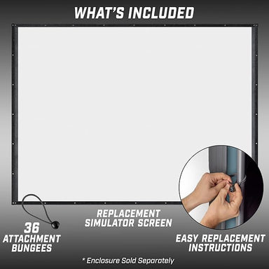Replacement simulator screen with attachment bungees and replacement instructions on a gray background