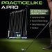GoSports Premium Wood Golf Club Holder Stand - 14 Club Display Organizer with a tablet screen displaying instructional videos on a green floor.