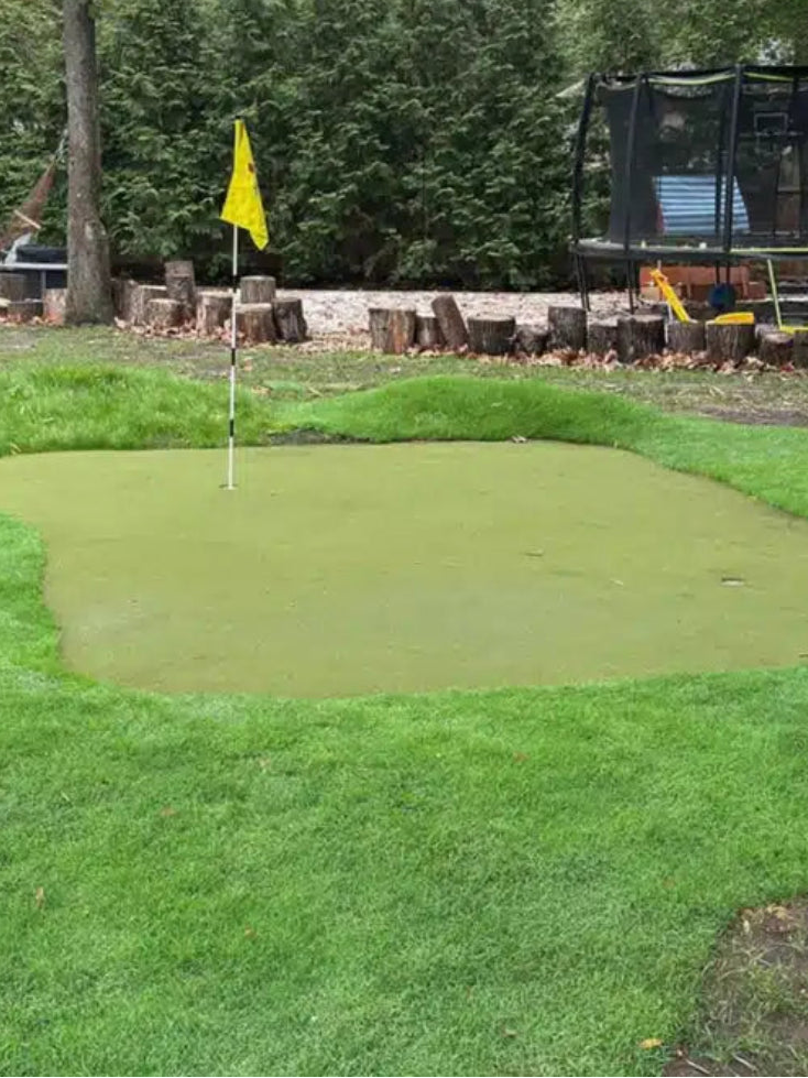 Golf putting green with a yellow flag in a backyard setting