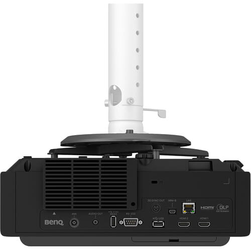 Back view of the LU895UST projector with connectivity ports on a white background attached to ceiling mount