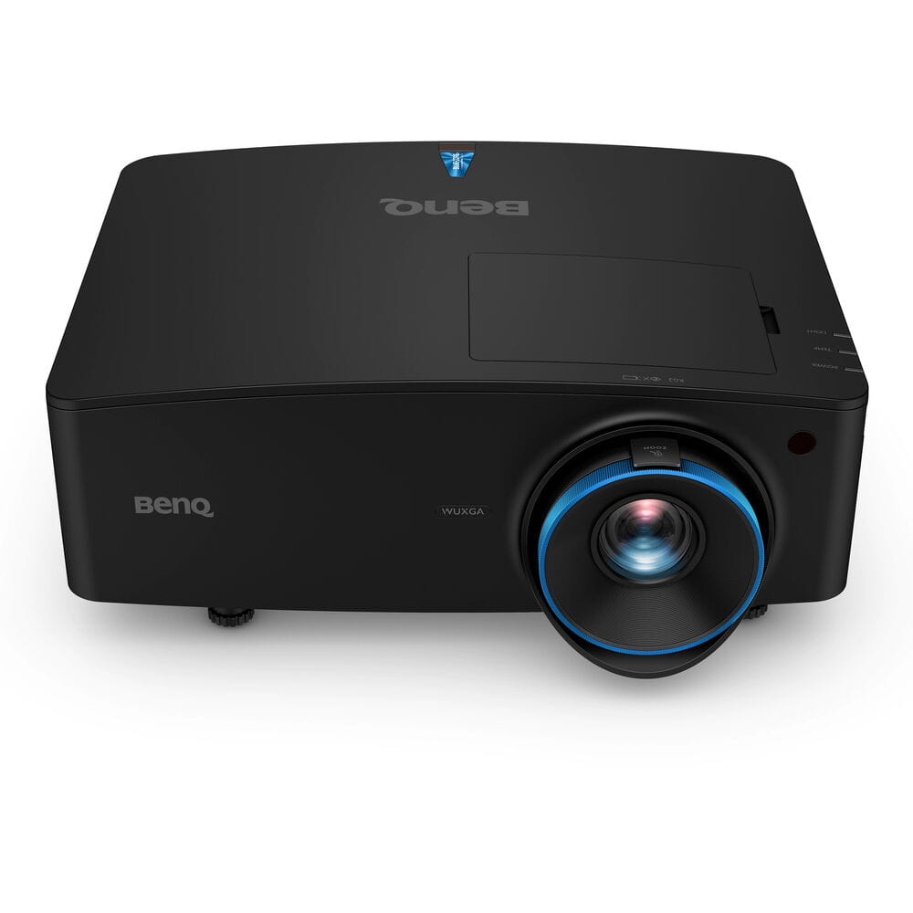 Black BenQ projector on a white background from the top front