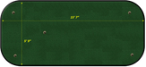 Green putting mat with measurements indicating width and length