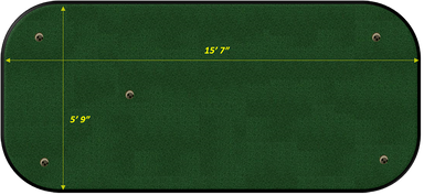 Green putting mat with measurements indicating width and length