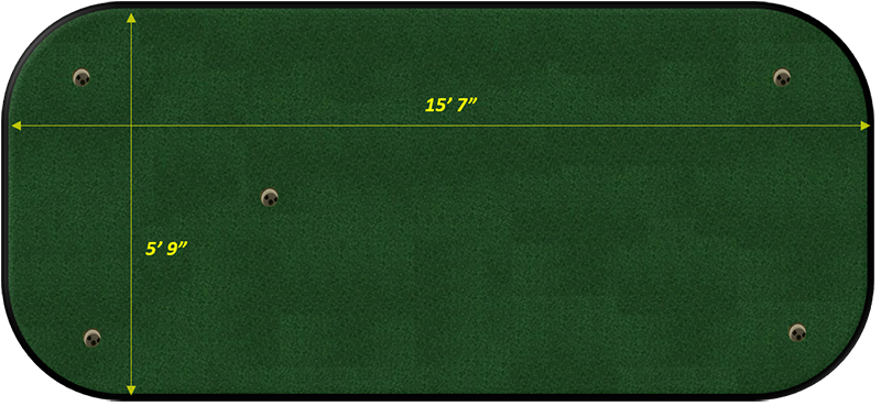 Green putting mat with measurements indicating width and length