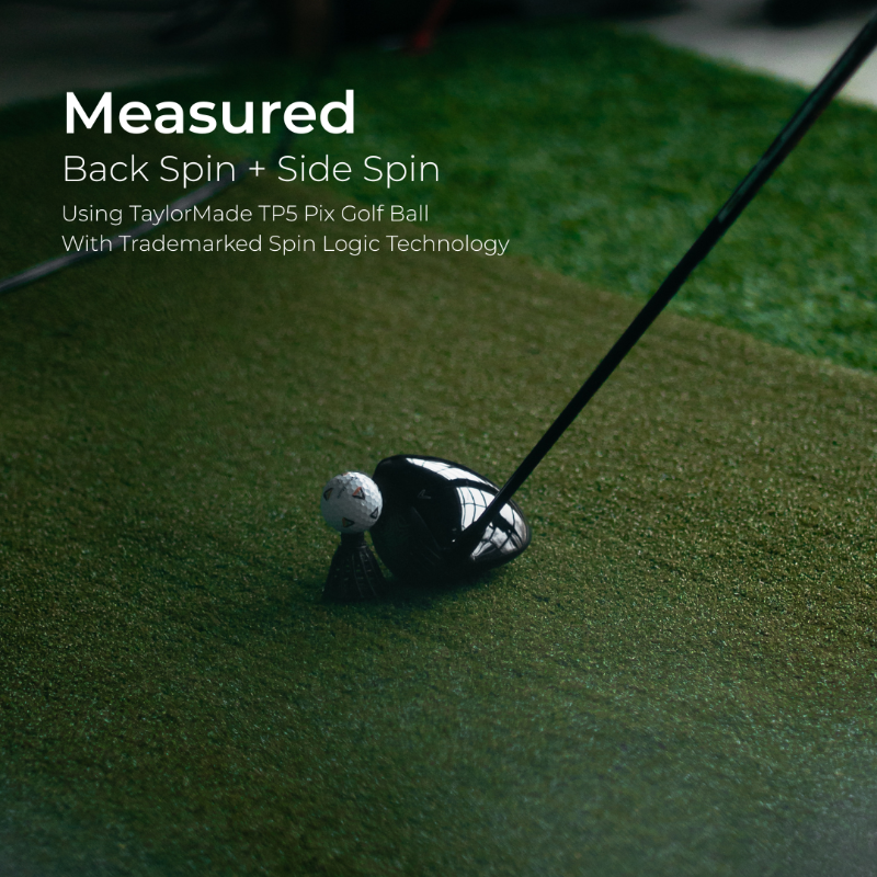 Golf club and ball on a green surface with text about TaylorMade TPS Pix golf ball technology.