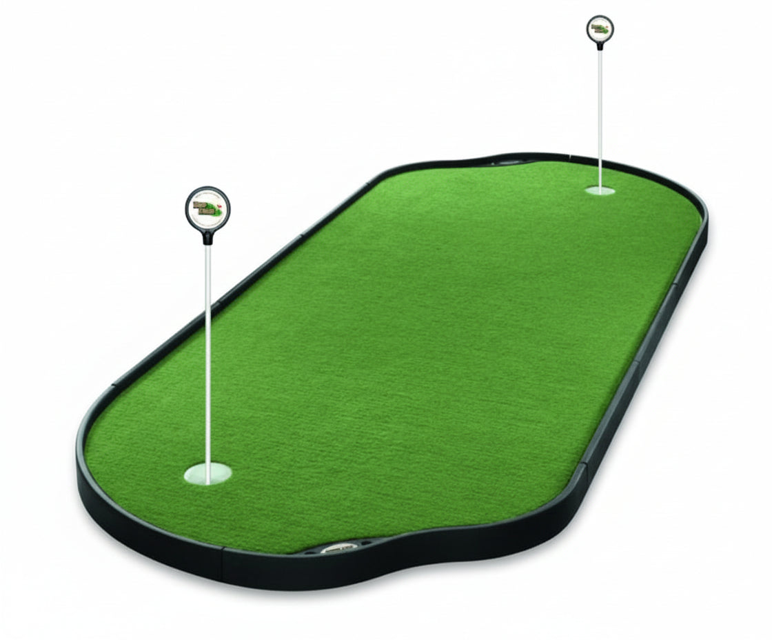 Premium golf putting green with two flags on a brown background